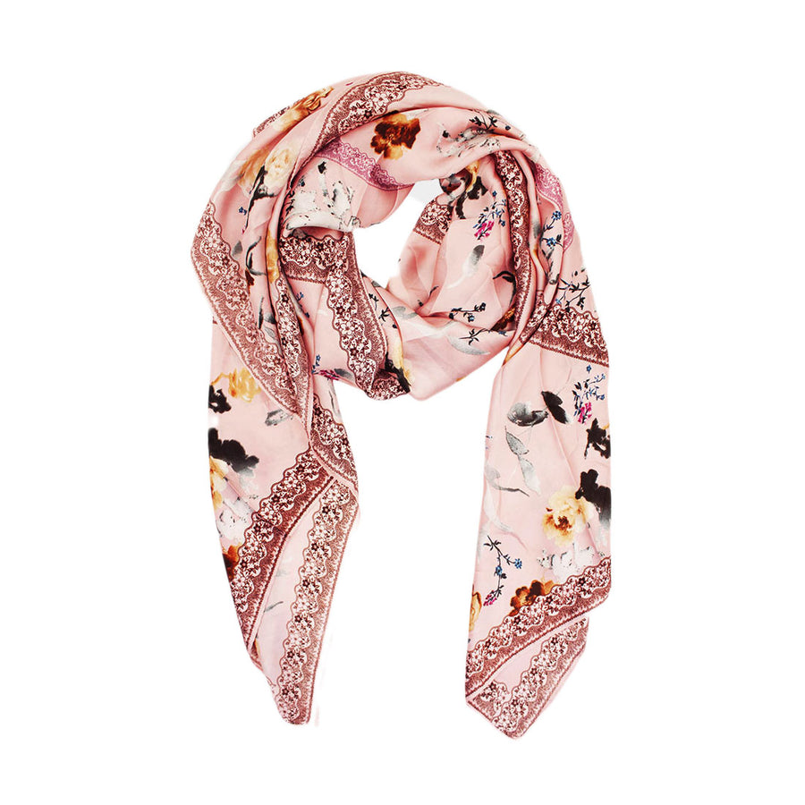 Pink Floral Print Oblong Silky Satin Scarf Shawl