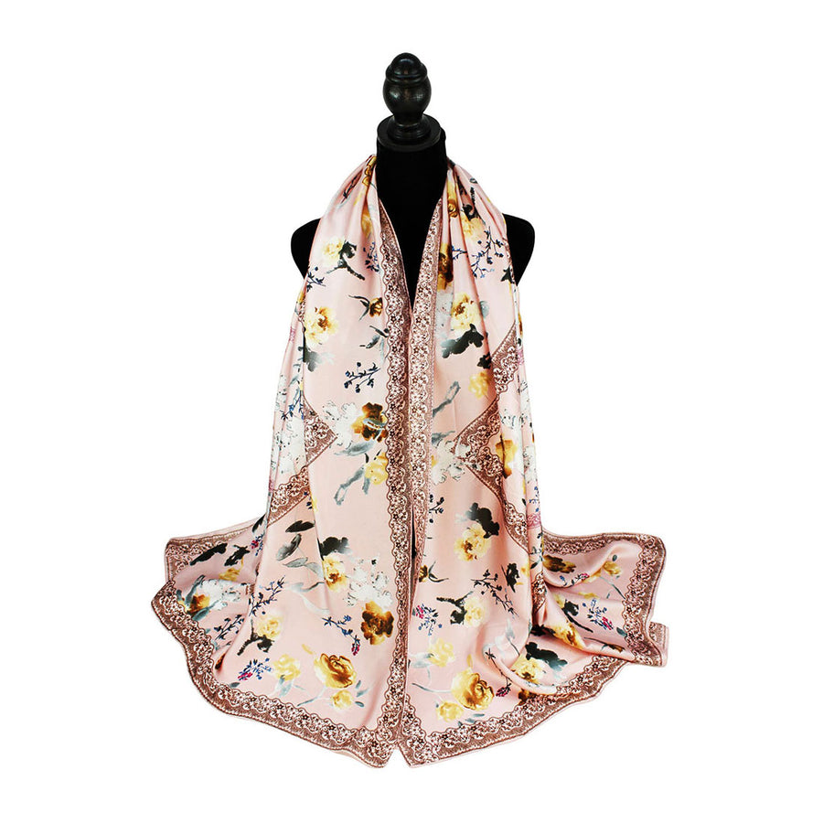 Pink Floral Print Oblong Silky Satin Scarf Shawl