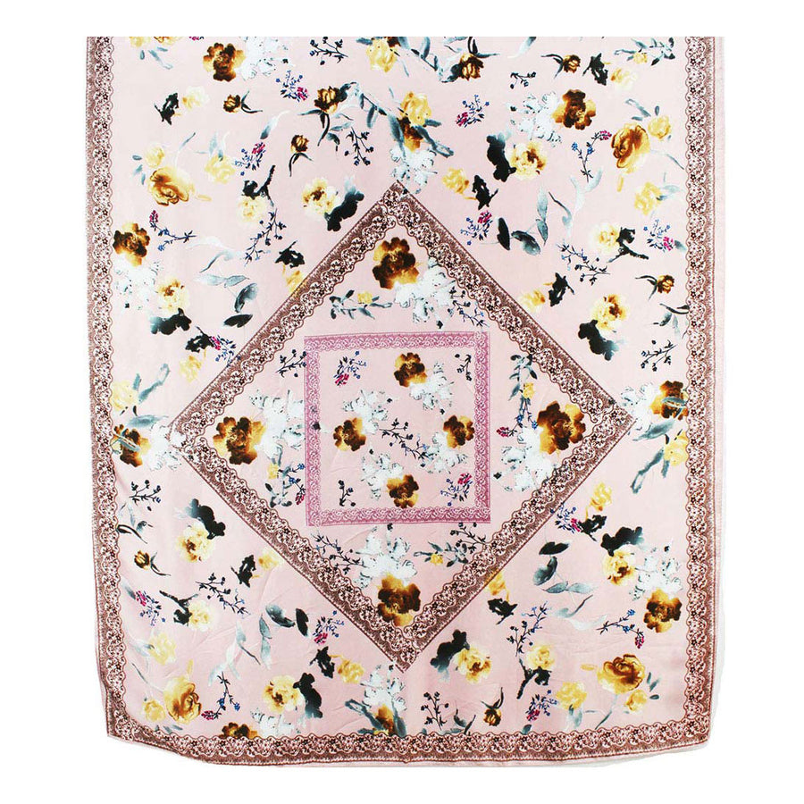 Pink Floral Print Oblong Silky Satin Scarf Shawl