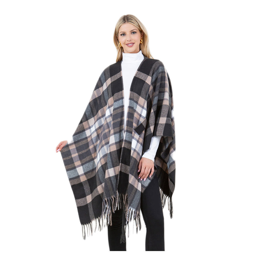 Burgundy Plaid Fringe Poncho Shawl Wrap
