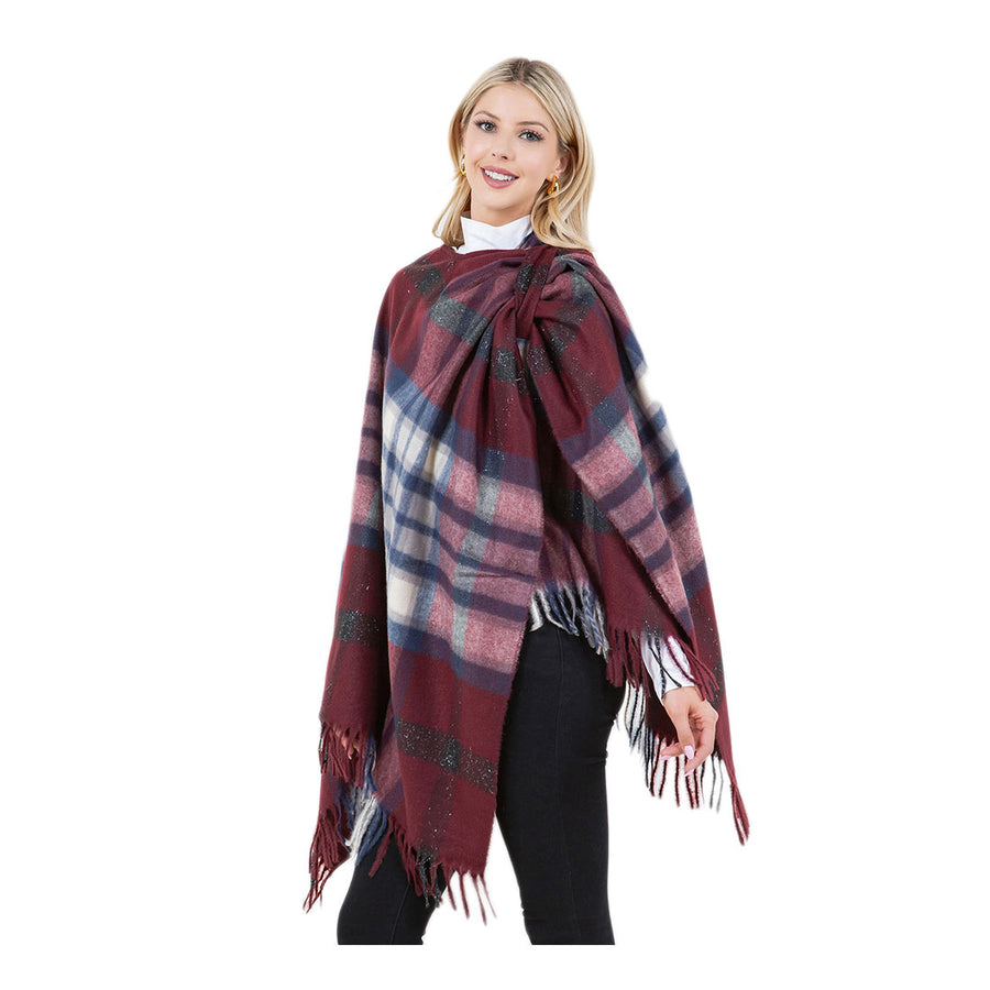 Burgundy Plaid Fringe Poncho Shawl Wrap