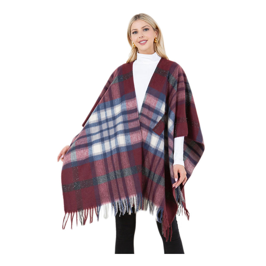 Burgundy Plaid Fringe Poncho Shawl Wrap