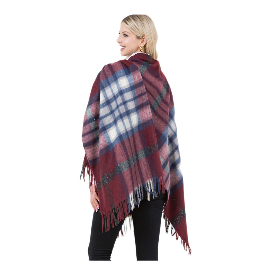 Burgundy Plaid Fringe Poncho Shawl Wrap