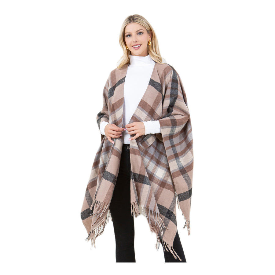 Burgundy Plaid Fringe Poncho Shawl Wrap