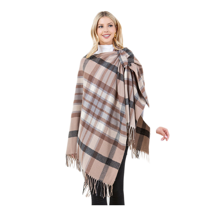 Burgundy Plaid Fringe Poncho Shawl Wrap
