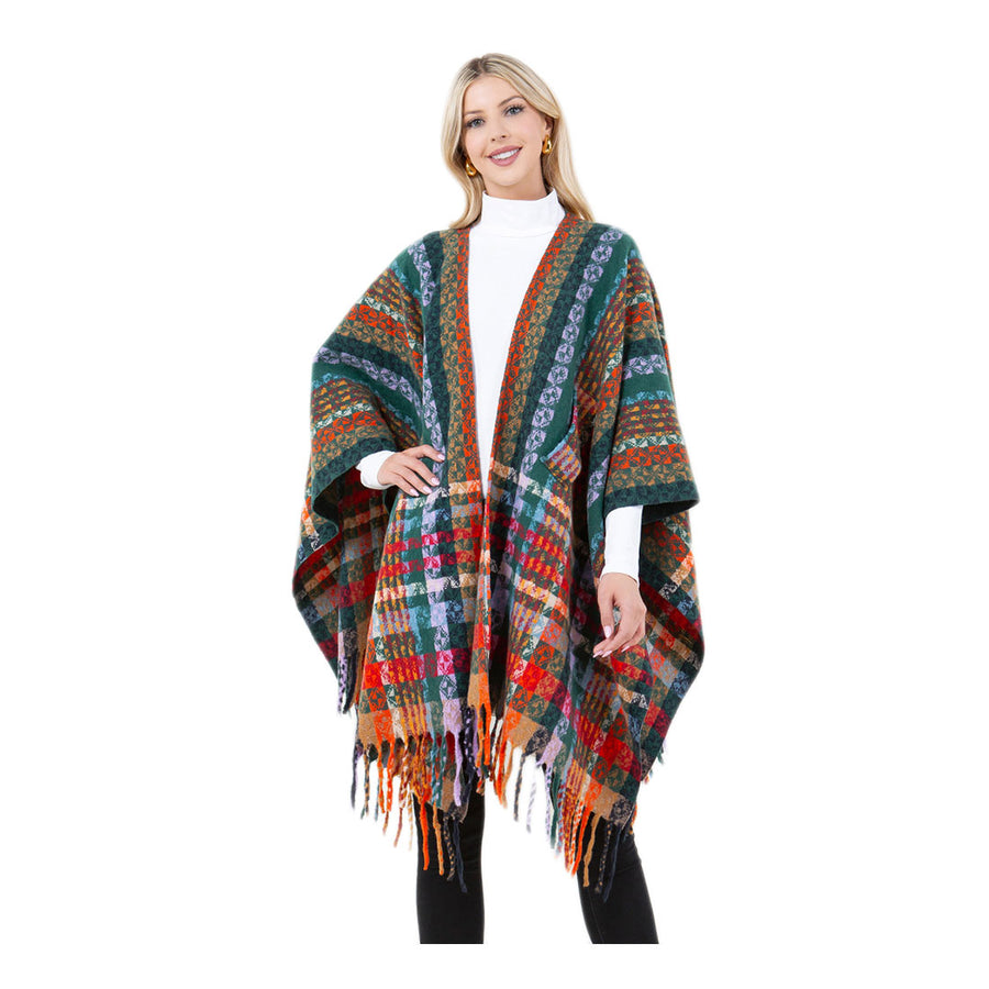 Multi Purple Plaid Fringe Poncho Wrap Shawl