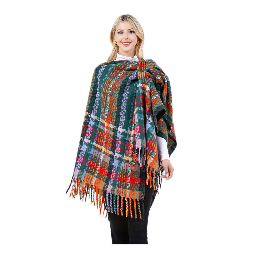 Multi Purple Plaid Fringe Poncho Wrap Shawl