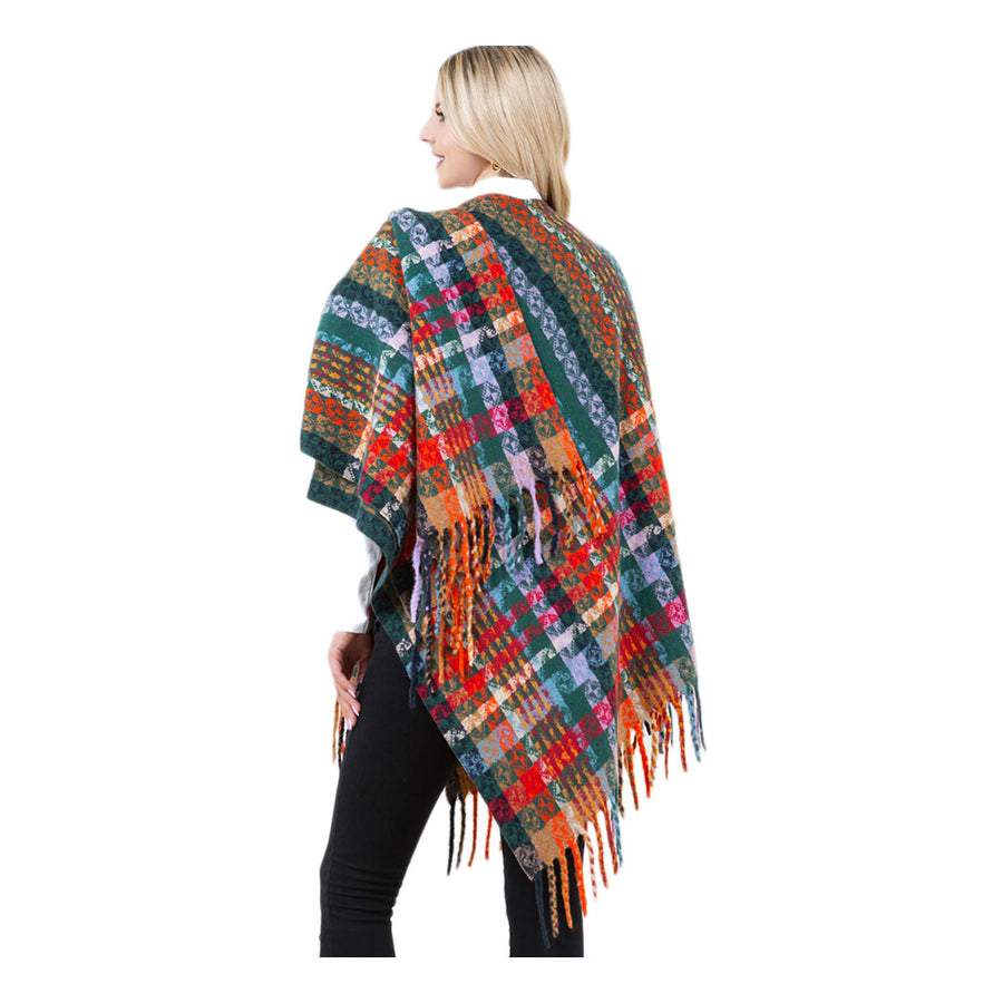 Multi Purple Plaid Fringe Poncho Wrap Shawl