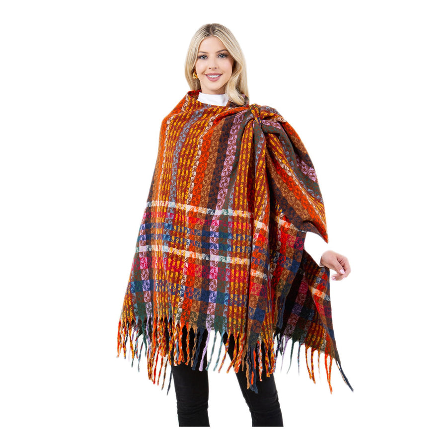 Multi Purple Plaid Fringe Poncho Wrap Shawl