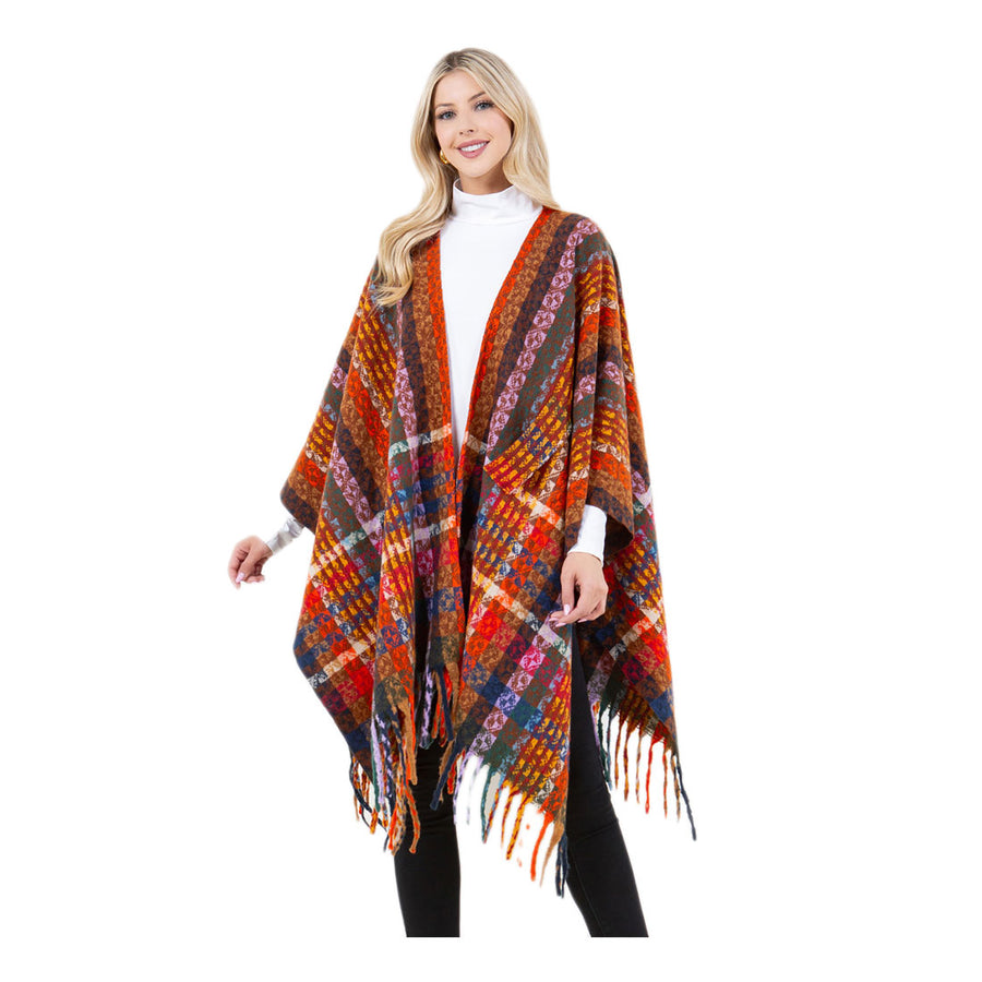 Multi Purple Plaid Fringe Poncho Wrap Shawl