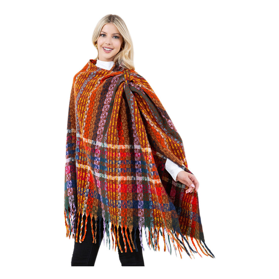 Multi Purple Plaid Fringe Poncho Wrap Shawl