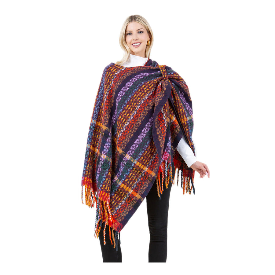 Multi Purple Plaid Fringe Poncho Wrap Shawl