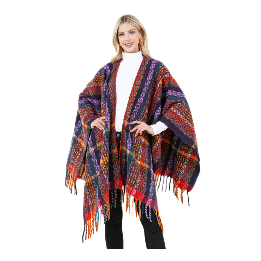 Multi Purple Plaid Fringe Poncho Wrap Shawl