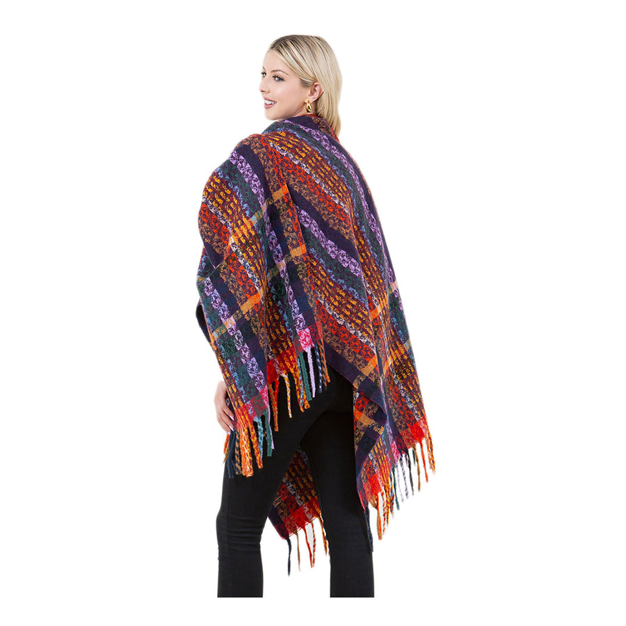 Multi Purple Plaid Fringe Poncho Wrap Shawl