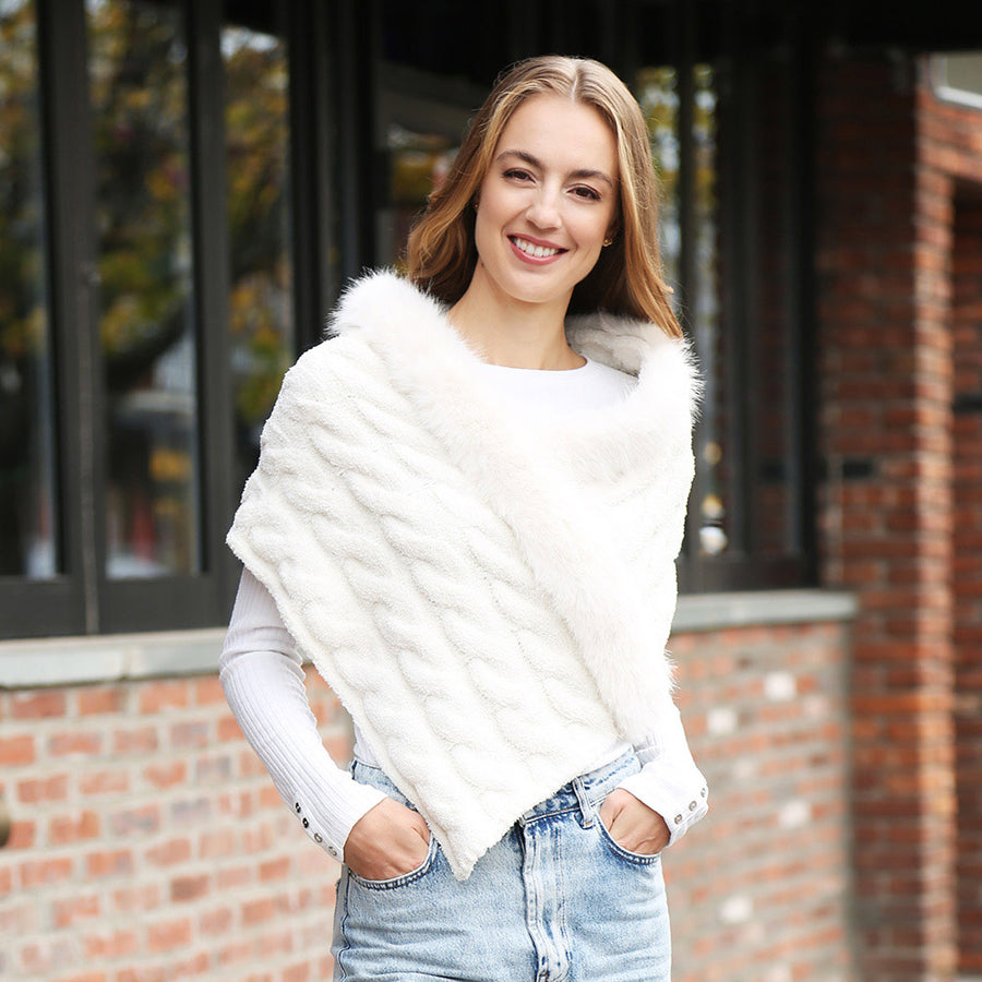 Gorgeous Luxe Beige Faux Fur Cable Knit Shawl