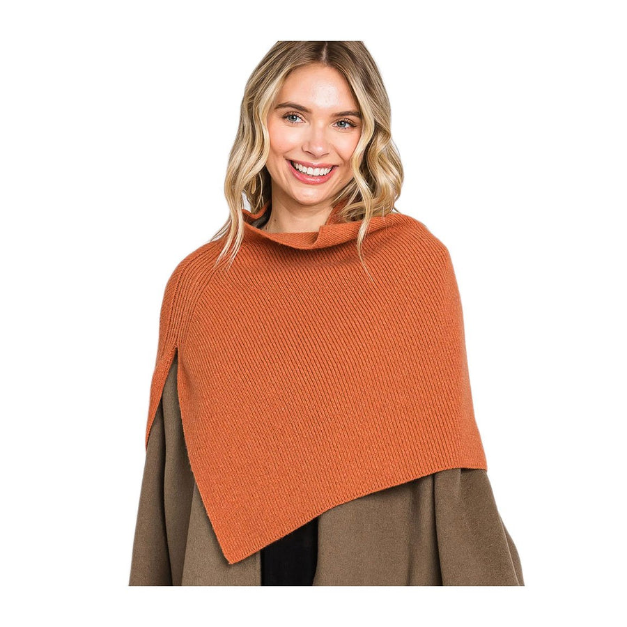 Rust Slit Turtleneck Knit Scarf Shawl
