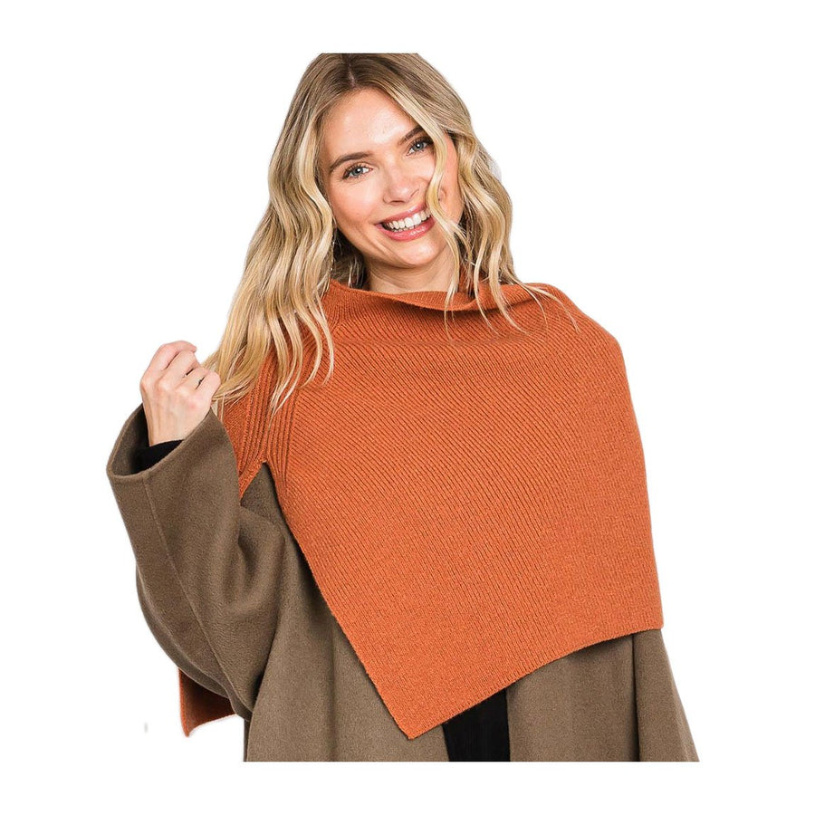 Rust Slit Turtleneck Knit Scarf Shawl