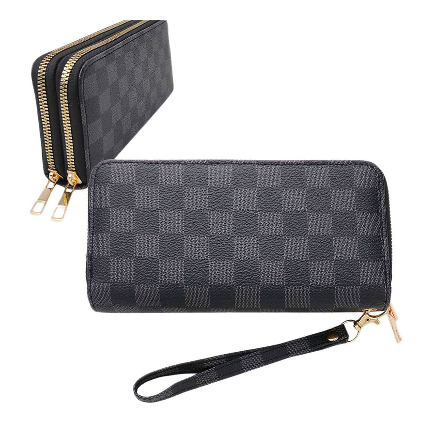 Brown Double Zipper Checker Wallet Wristlet