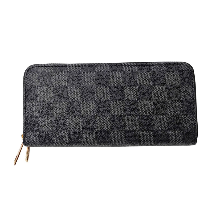 Brown Double Zipper Checker Wallet Wristlet