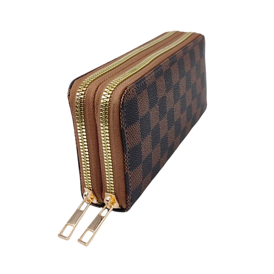 Brown Double Zipper Checker Wallet Wristlet