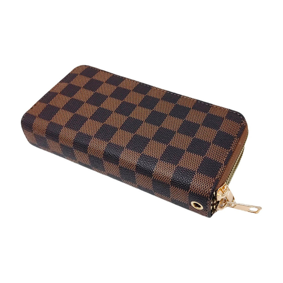 Brown Double Zipper Checker Wallet Wristlet