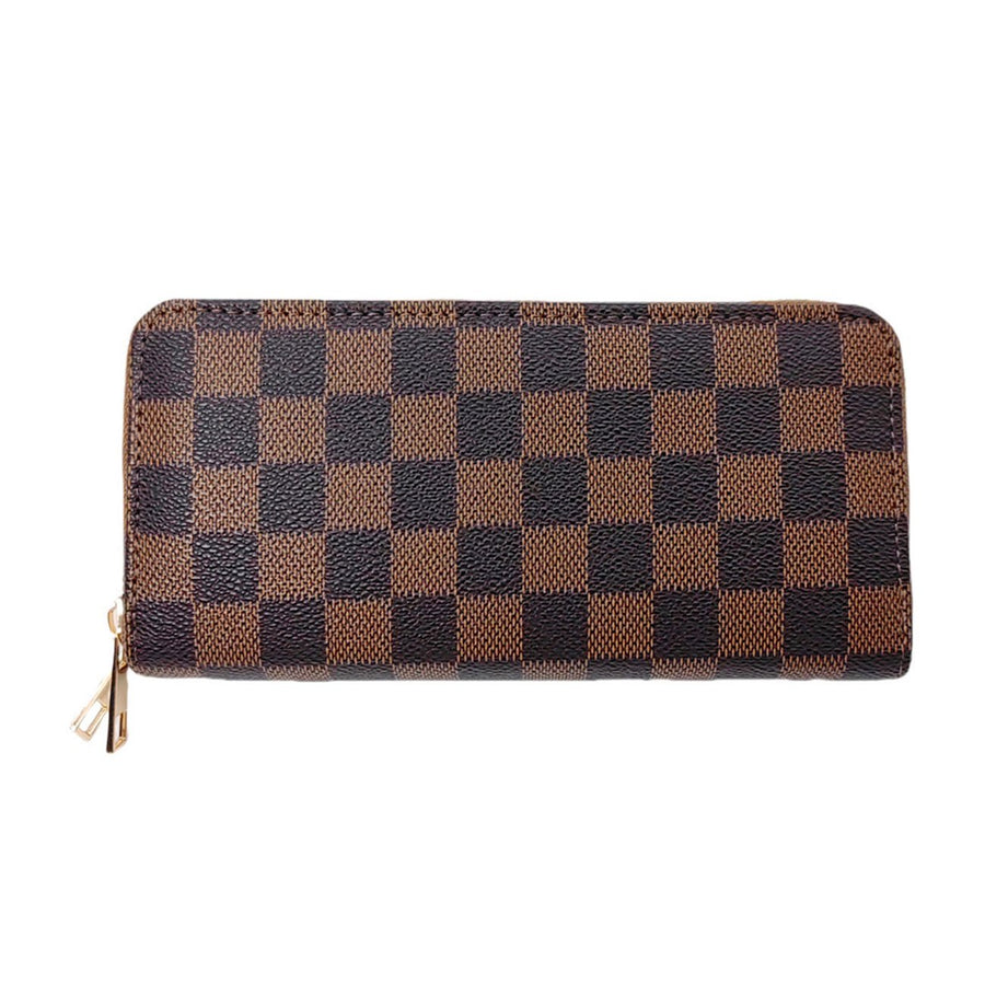 Brown Double Zipper Checker Wallet Wristlet