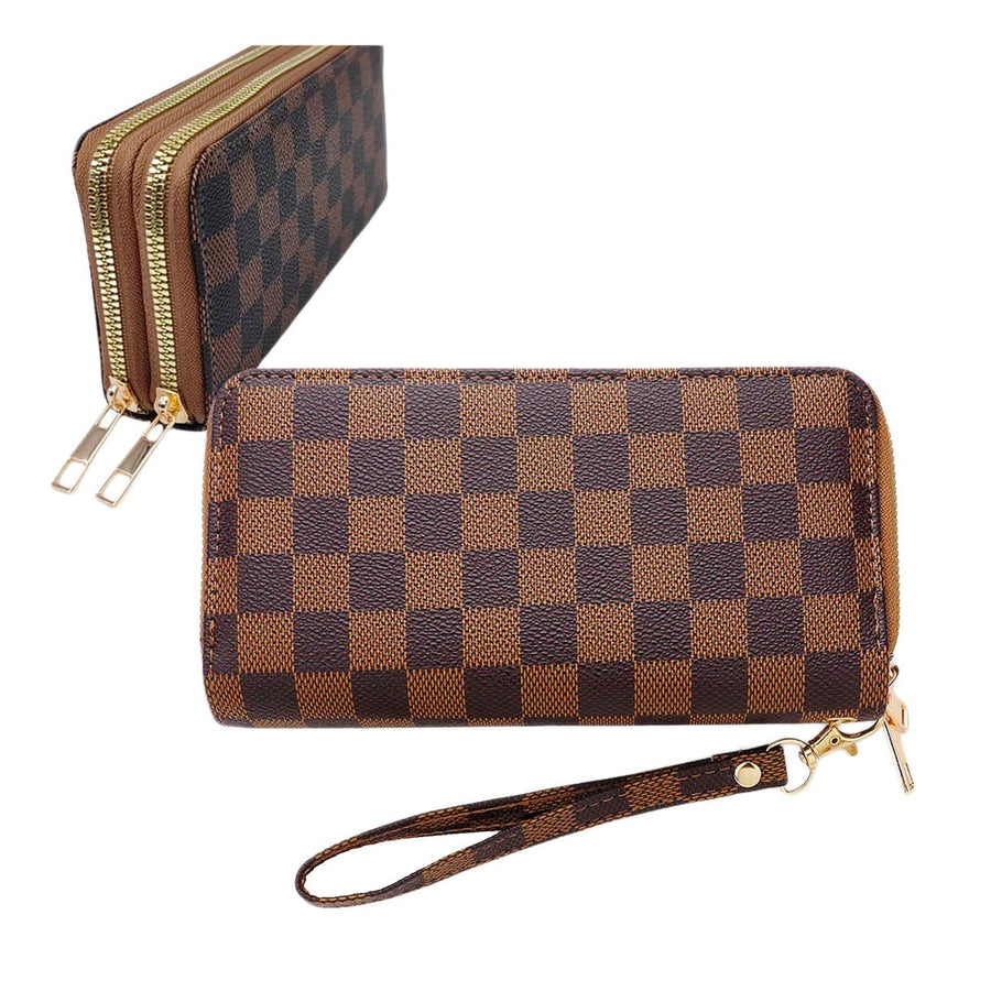 Brown Double Zipper Checker Wallet Wristlet