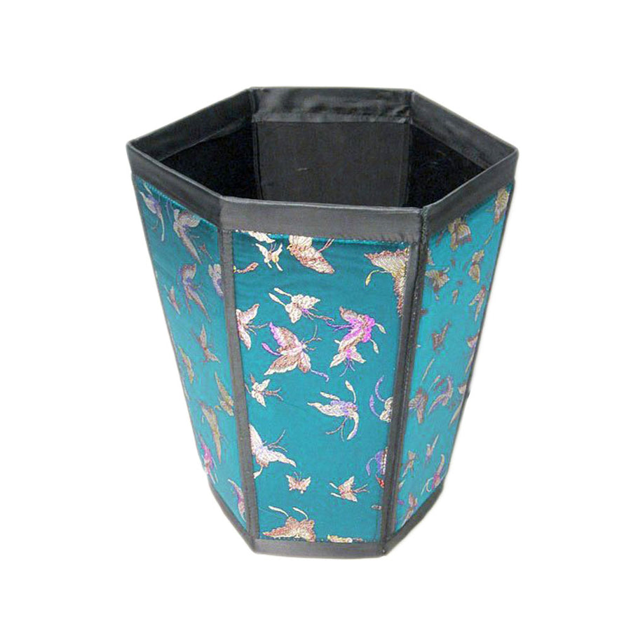 Exquisite Turquoise Blue Butterflies Silk Brocade Waste Paper Basket