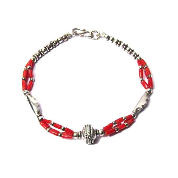 Genuine Tri-Strand Coral Link Sterling Silver Bracelet