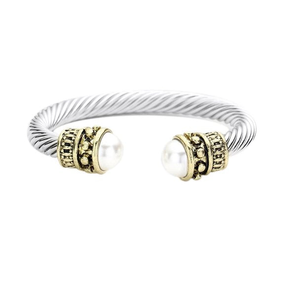 Classic Silver Gold Twisted Cable Rope Pearl Cuff Bracelet
