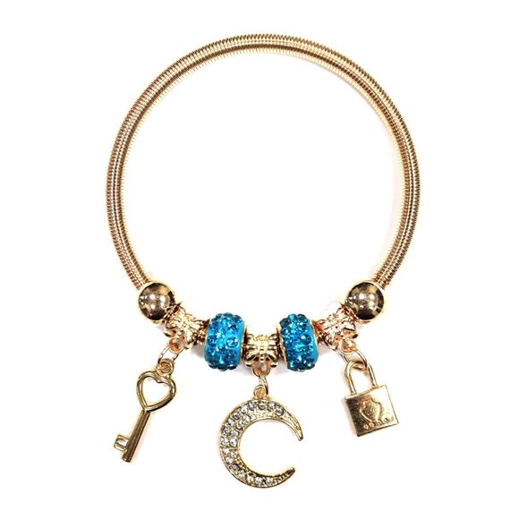 Crescent Moon Key Lock Charms Blue Bead Gold Stretch Coil Bracelet