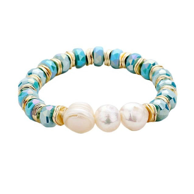 Lustrous Fresh Water Pearl Blue Multi Faceted Beaded Stretch Bracelet