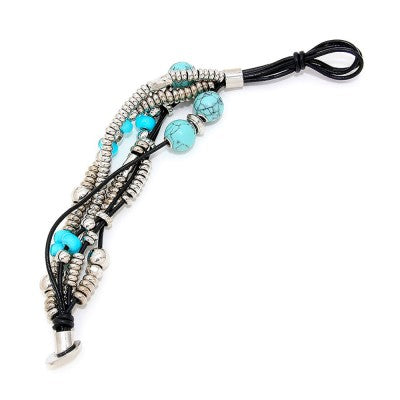 Vintage Inspired Boho Multi Strand Howlite Blue Metal Beads Leather Bracelet