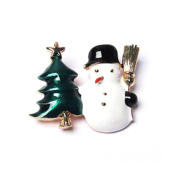 Holiday Snowman With Christmas Tree Pave Brooch