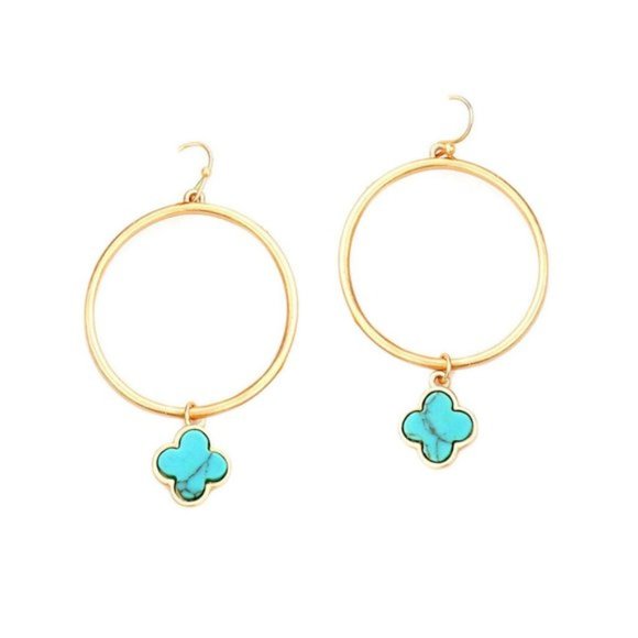 Stunning Turquoise Blue Clover Gold Hoop Earrings