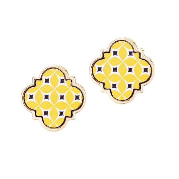 Gorgeous Moroccan Yellow Pattern Wood Quatrefoil Stud Earrings