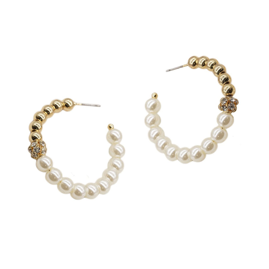 Glamorous 1 ½” Pearl Beads Gold Crystal Hoop Earrings