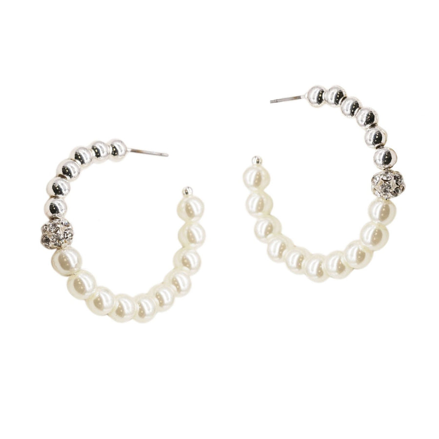 Glamorous 1 ½” Pearl Beads Gold Crystal Hoop Earrings