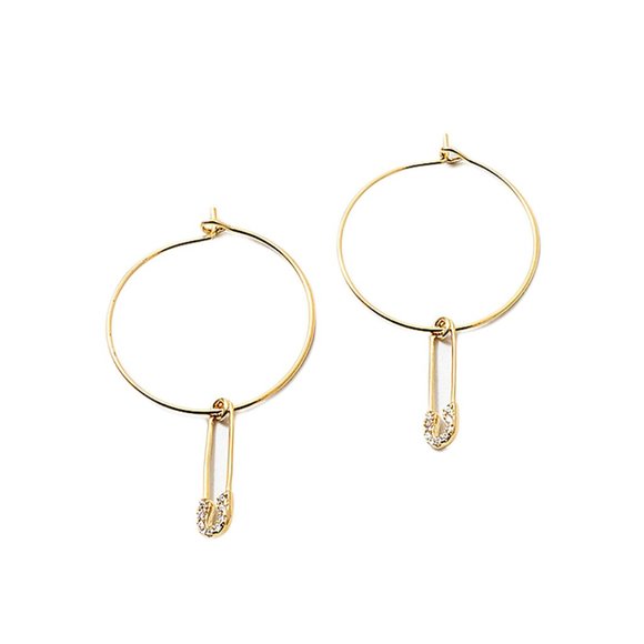 Edgy Gold Safety Pin Cubic Zirconia Hoop Earrings