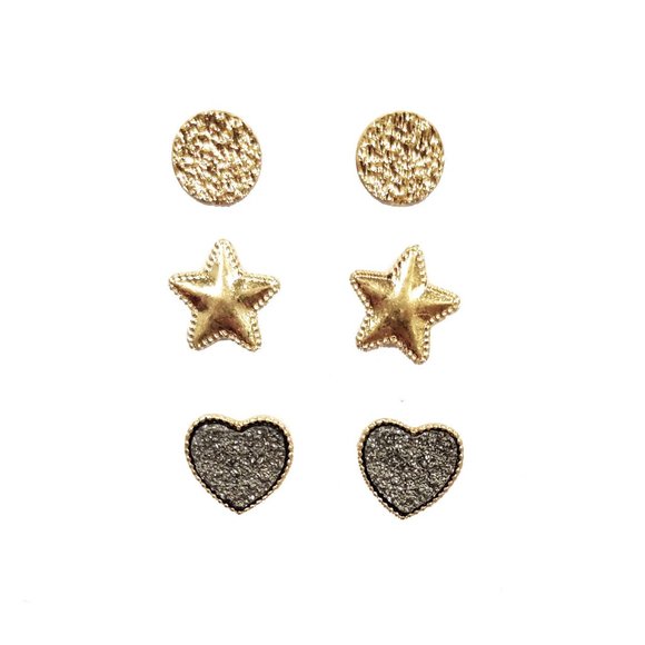 3 In 1 Multi Pack Disc Star Heart Stud Earrings Set