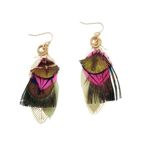 Whimsical Vibrant Peacocks Feather Leaf Statement Earrings