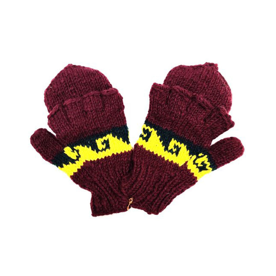 Nepal Hand Knit 100% Wool Burgundy Fingerless Flip Top Mitten Gloves