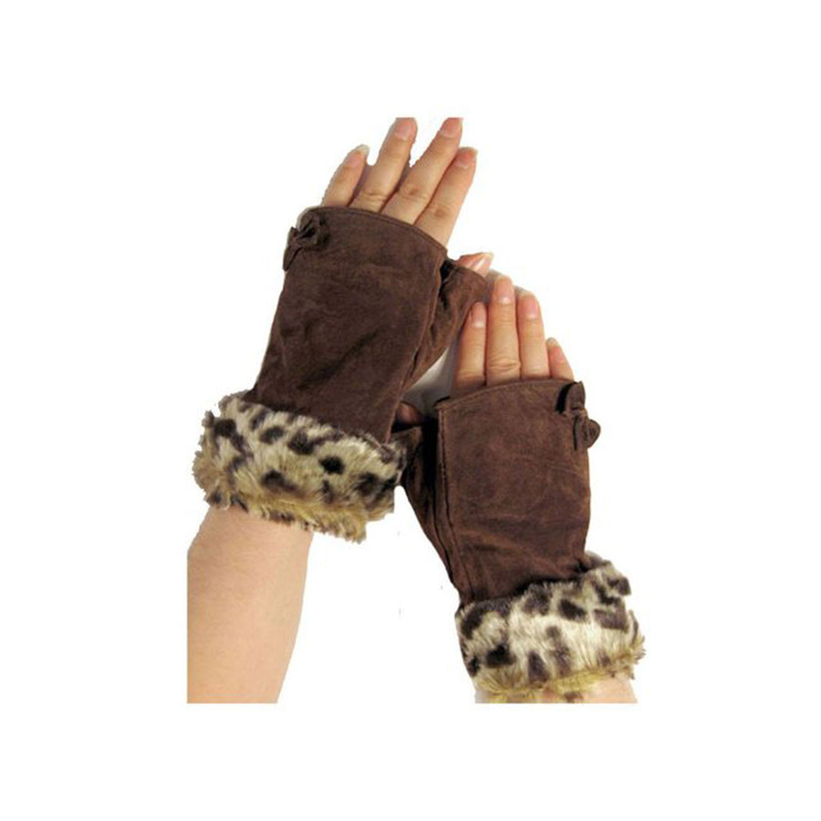Brown Animal Fur Bow Suede Fingerless Gloves