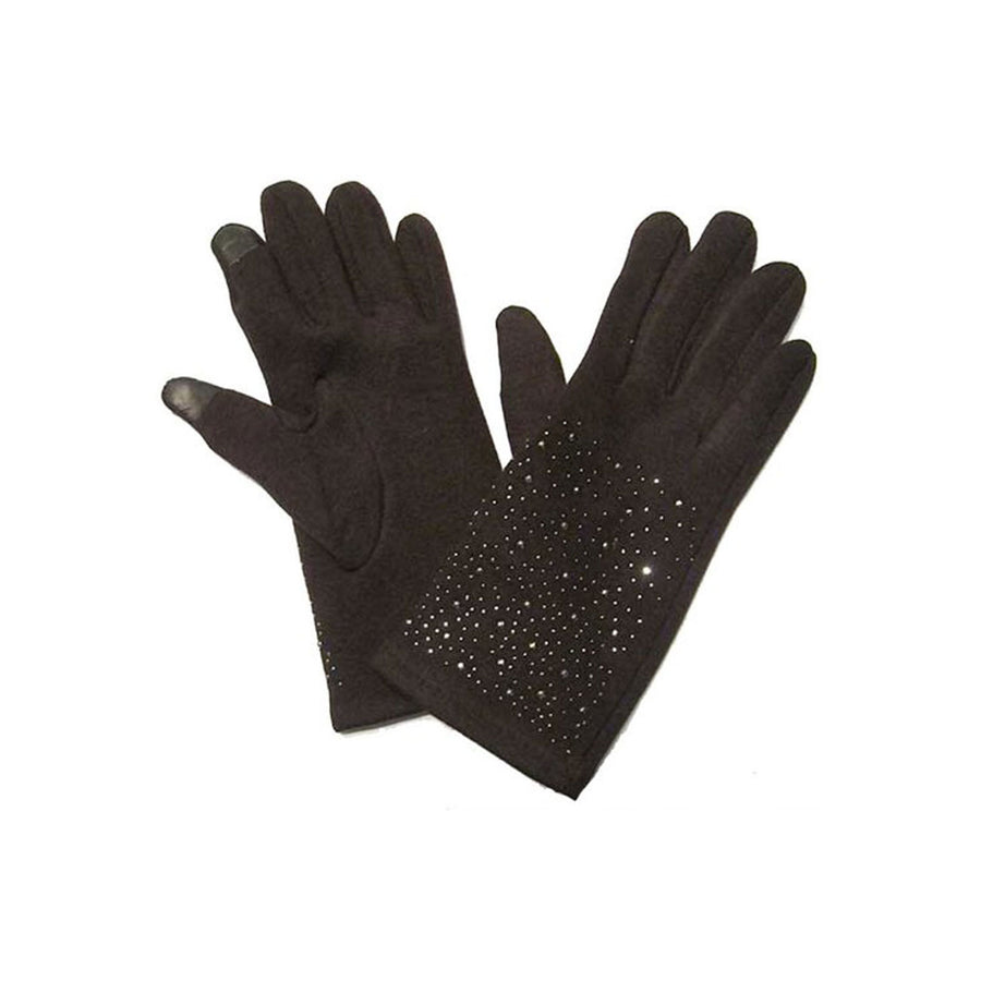 Brown Bejeweled Knit Gloves With Plush Fur Lining
