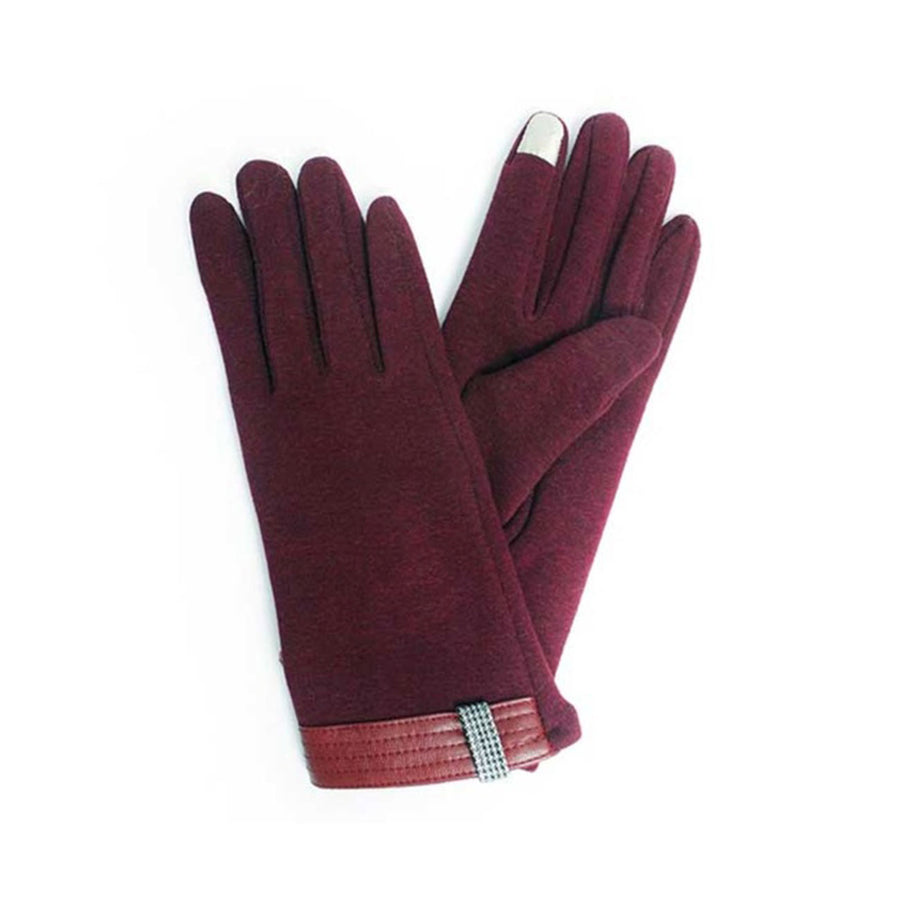Burgundy Knit Leather Trim Gloves