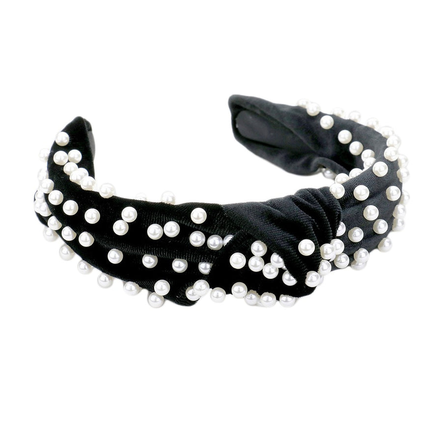 Chic Black Pearly Velvet Knotted Headband