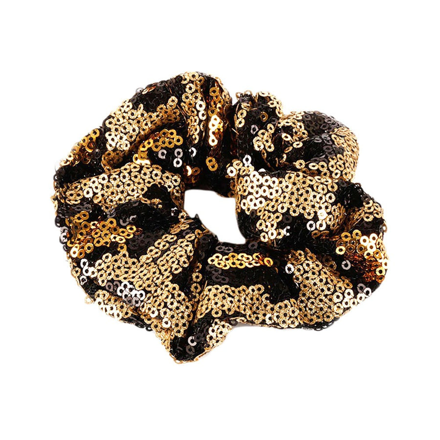 Glittering Gold Black animal Print Sequin Hair Scrunchie