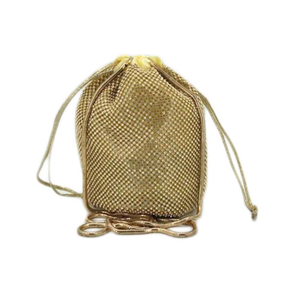 Glamorous Gold Rhinestone Bucket Drawstring Evening Purse Bag
