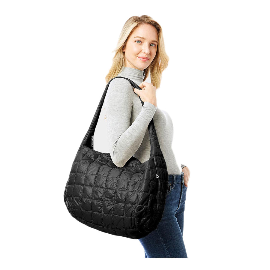 Black Quilted Puffer Shoulder Hobo Bag