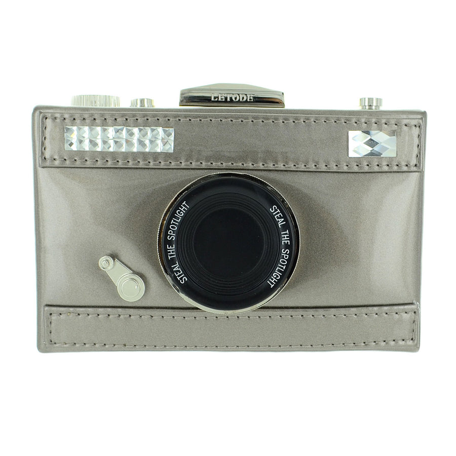 Whimsical “Say Cheese” Silver Camera Case Novelty Bag